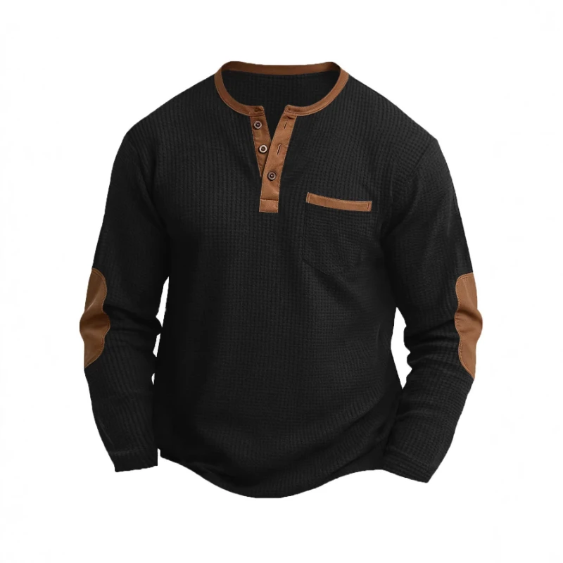 T-shirt Homme Nouvelle Collection Printemps-Automne en Coton Gaufré à Manches Longues et Col Henley 