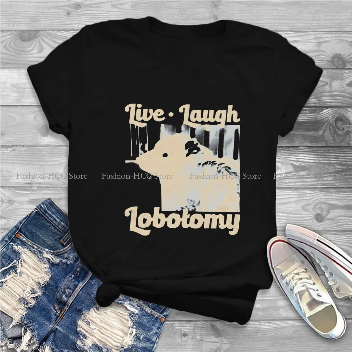 Live Laugh Lobotomy Newest Polyester TShirts Cute Opossum Mouse Female Harajuku Streetwear T Shirt Round Neck