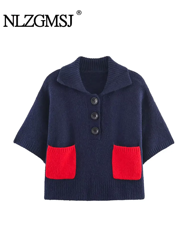 Nlzgmsj feminino contrastante malha 2025 moda feminina manga curta botão lazer colarinho de malha feminina altura rua elegante topo