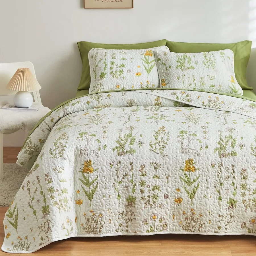 

Двусторонний комплект одеял из трех предметов с тканью из микрофибры с желтыми цветами и зелеными листьями, ботанический дизайн для полной королевы