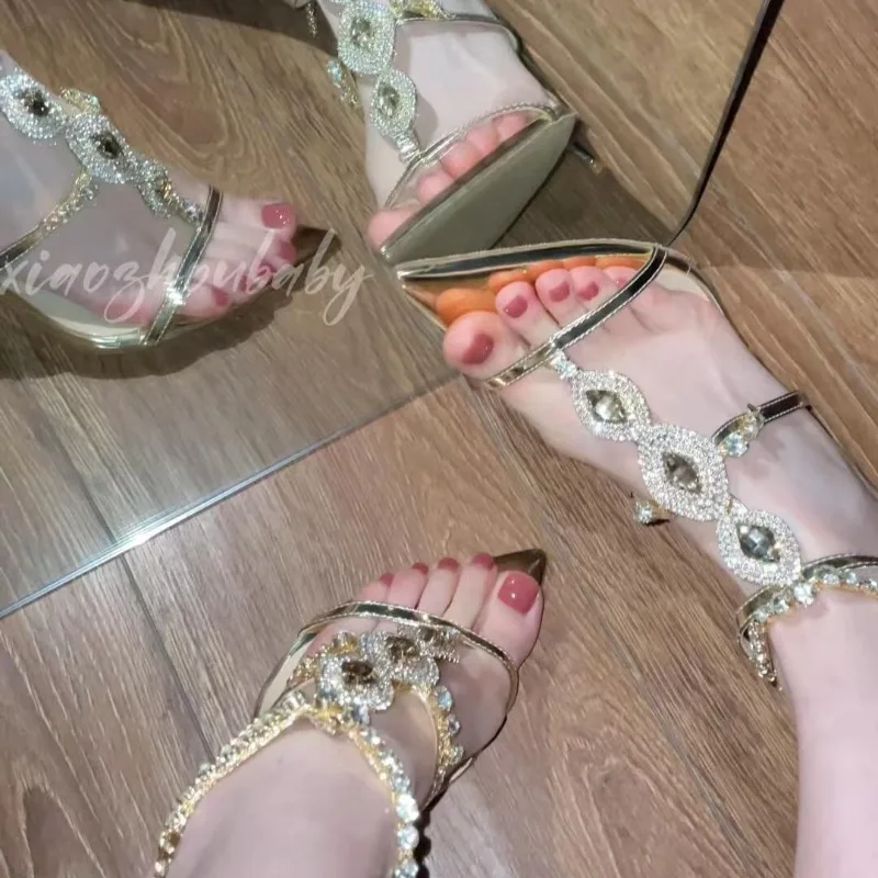 Sandalias de Mujer de Lujo con Pedrería Dorada, Tacones Altos de Diseñador, Sandalias Sexys con Cadena para Mujer, Zapatos de Moda, Sandalias Femeninas