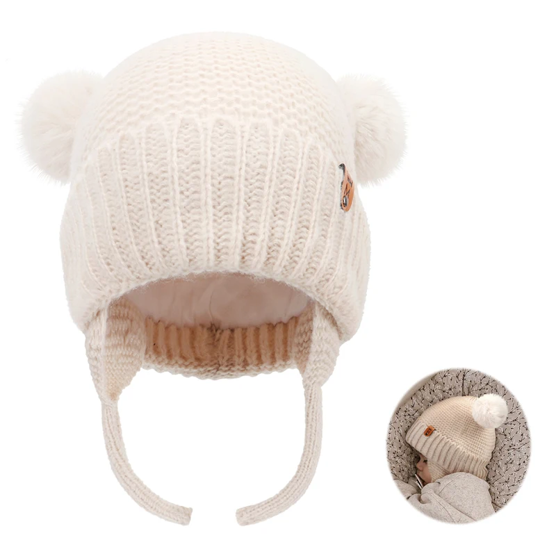 Baby Wool Hat Cute Fur Ball Ear Protection Hat Children Winter Thickened Warm Knitted Newborn Beanie Cap Infant Accessories