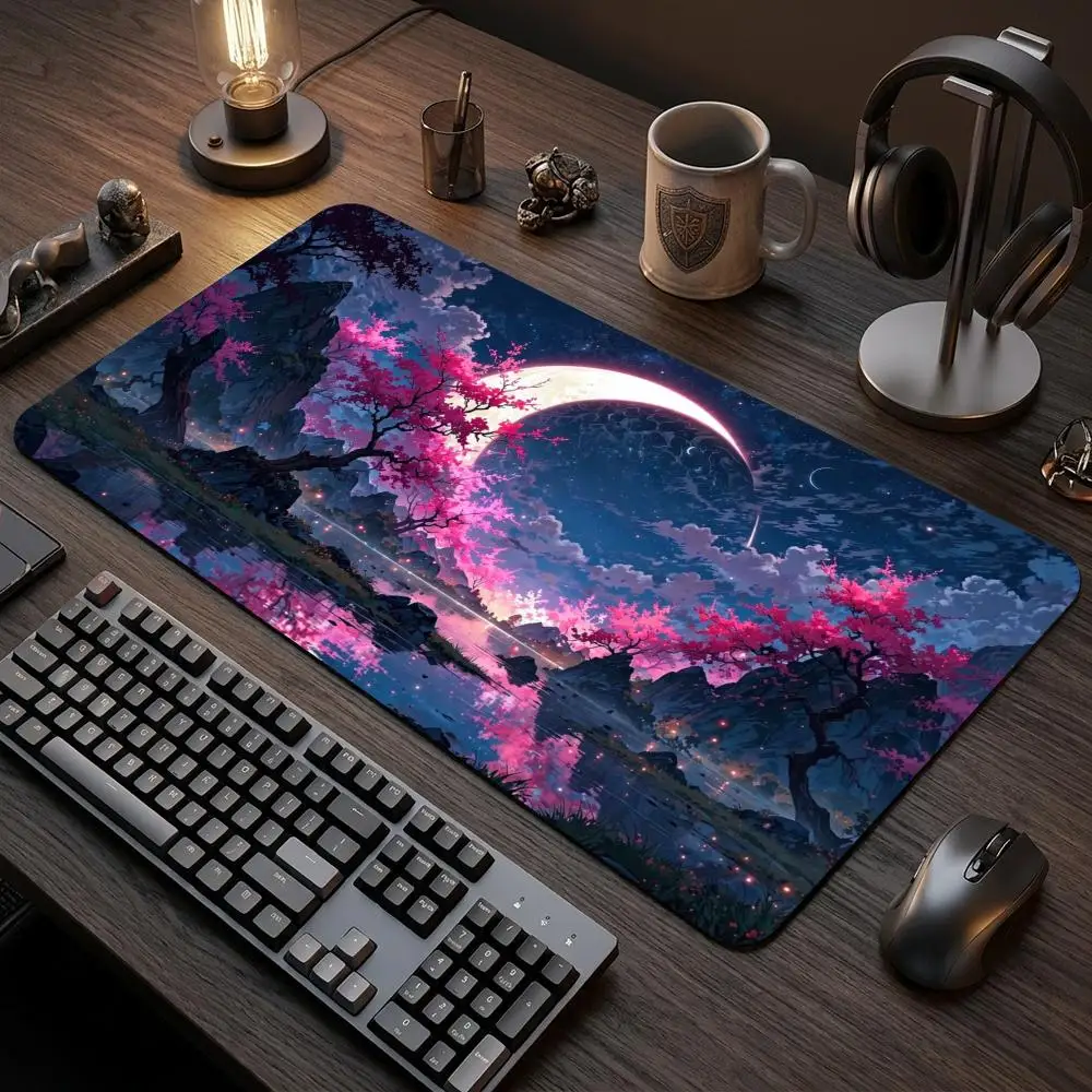 Anime Cherry Blossom Crescent Moon Mountain Lake Play mat Large TCG Card Game Mat Non-Slip Rubber Desk Mat for Trading Card Game