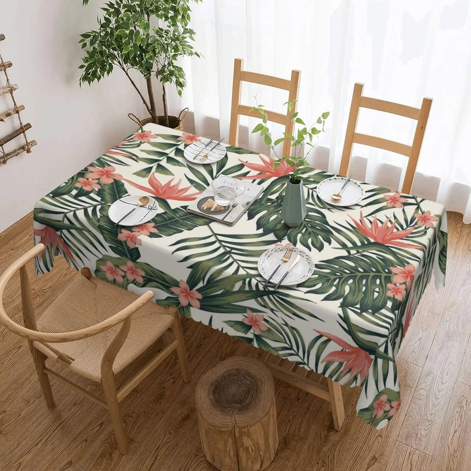Tropical Green Palm Leaf Tablecloth for Table Decor Summer Hawaii Pink Flower Leaves Kitchen Dining Table Cloth Party Decoration