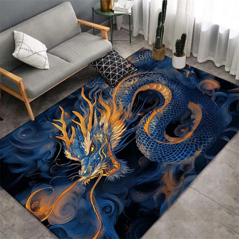 

1pc Creative Chinese Dragon Print Non-Slip Area Rug, 3D Decorative Mat with Golden Scaled Blue Dragon Design, Durable Washable