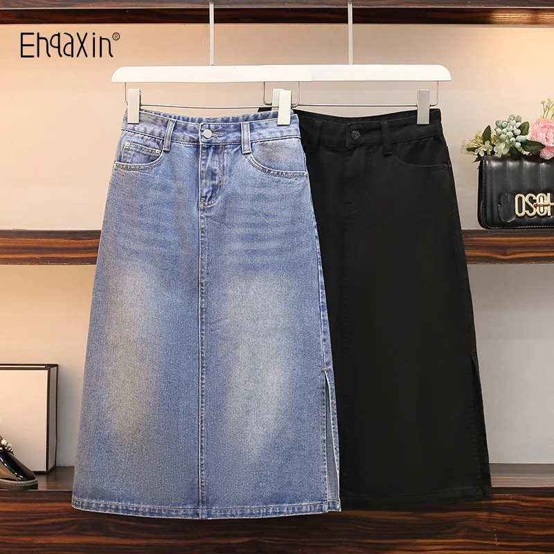 EHQAXIN 2022 Summer Womens Denim Skirt Korean Style New Casual Loose Denim Cropped Skirt High Waist Slit With Pockets L-4XL