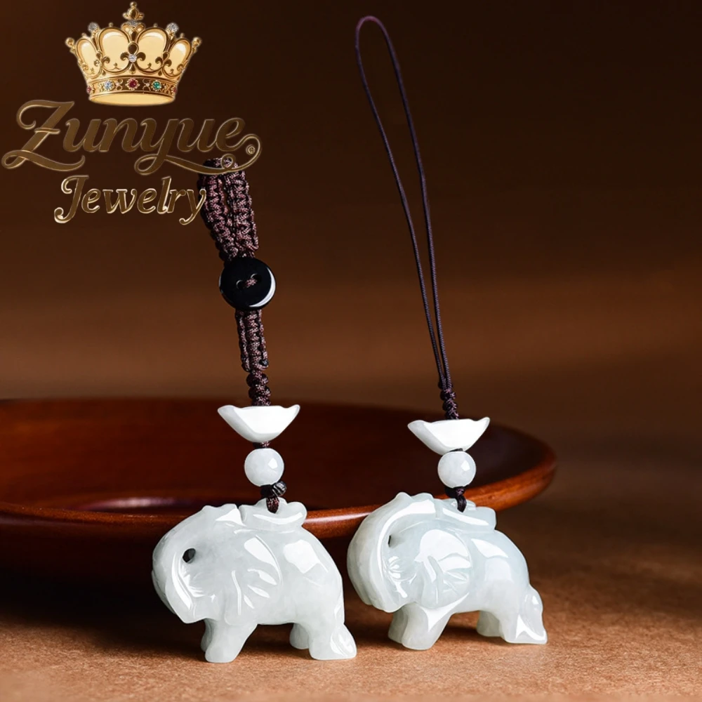 Genuine Natural Grade A Jadeite Elephant Pendant Phone Lanyard Car Keychain Bag Hanging Ornament Fashion Jewelry AccessoriesGift