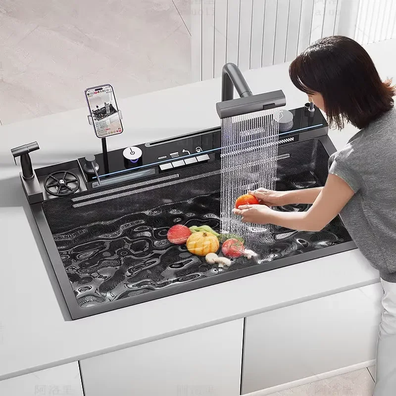 New Trend Handmade Smart Waterfall Multifunctional Kitchen Sink with Phone Holder and Airbrush