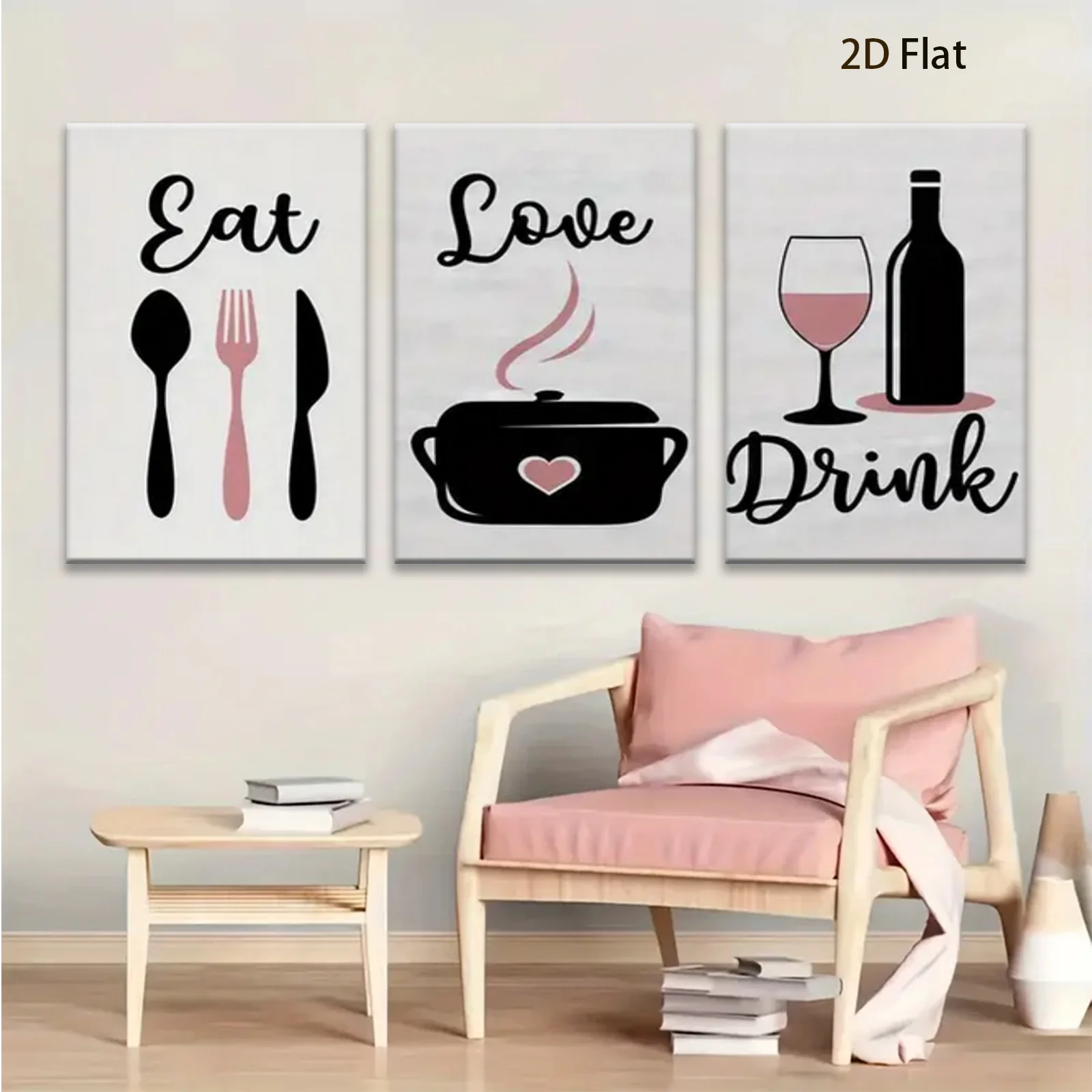 Frameless 2D Flat, 3pcs Modern Minimalist Canvas Poster - Black & Pink Suitable for Indoor/Outdoor Wall Decor, Bedroom, - Ele