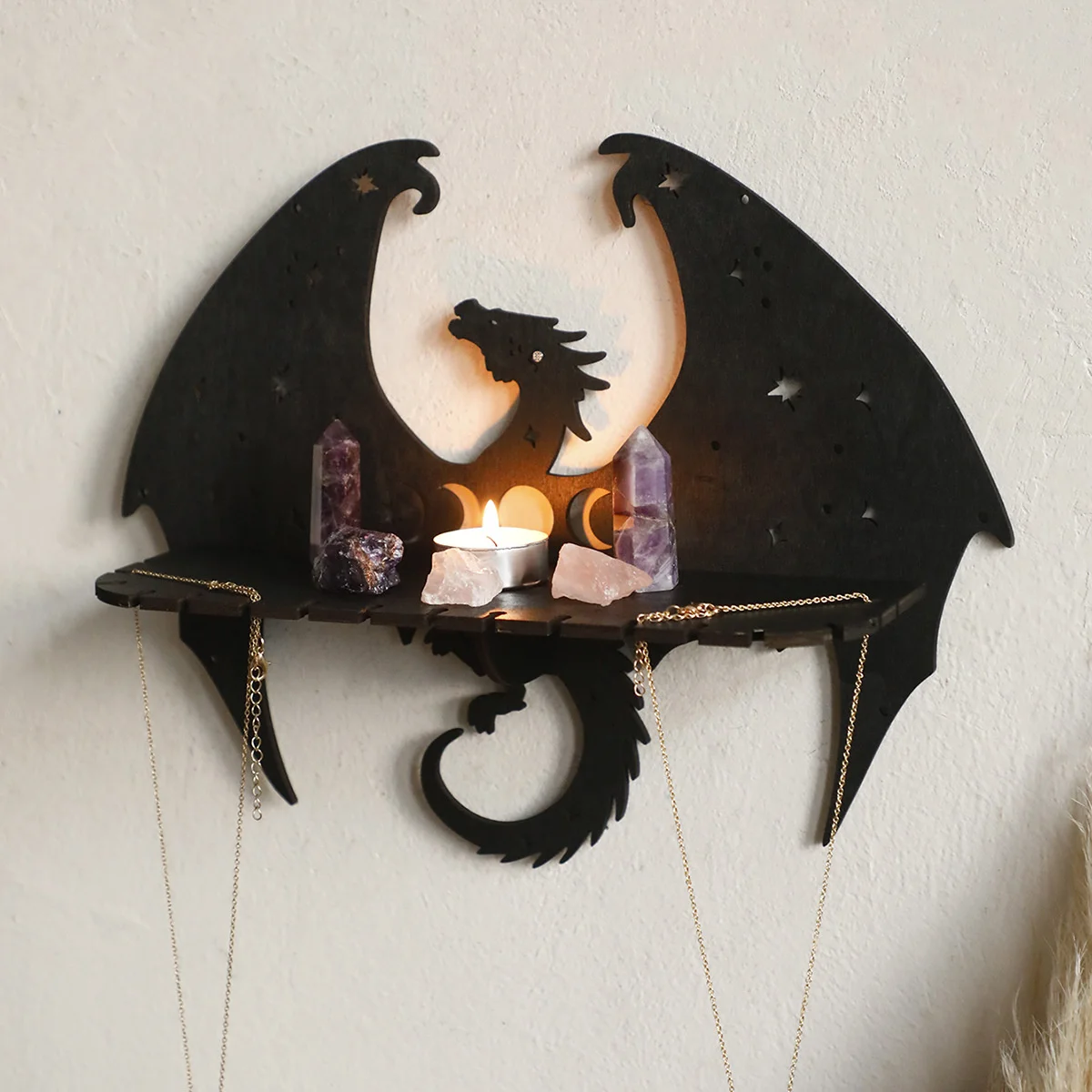 Black Wooden Wall Shelf Dragon  Profiling Hollow Pattern Floating Shelf Crystal Holder Goth Home loong Decor Witch Room Decor