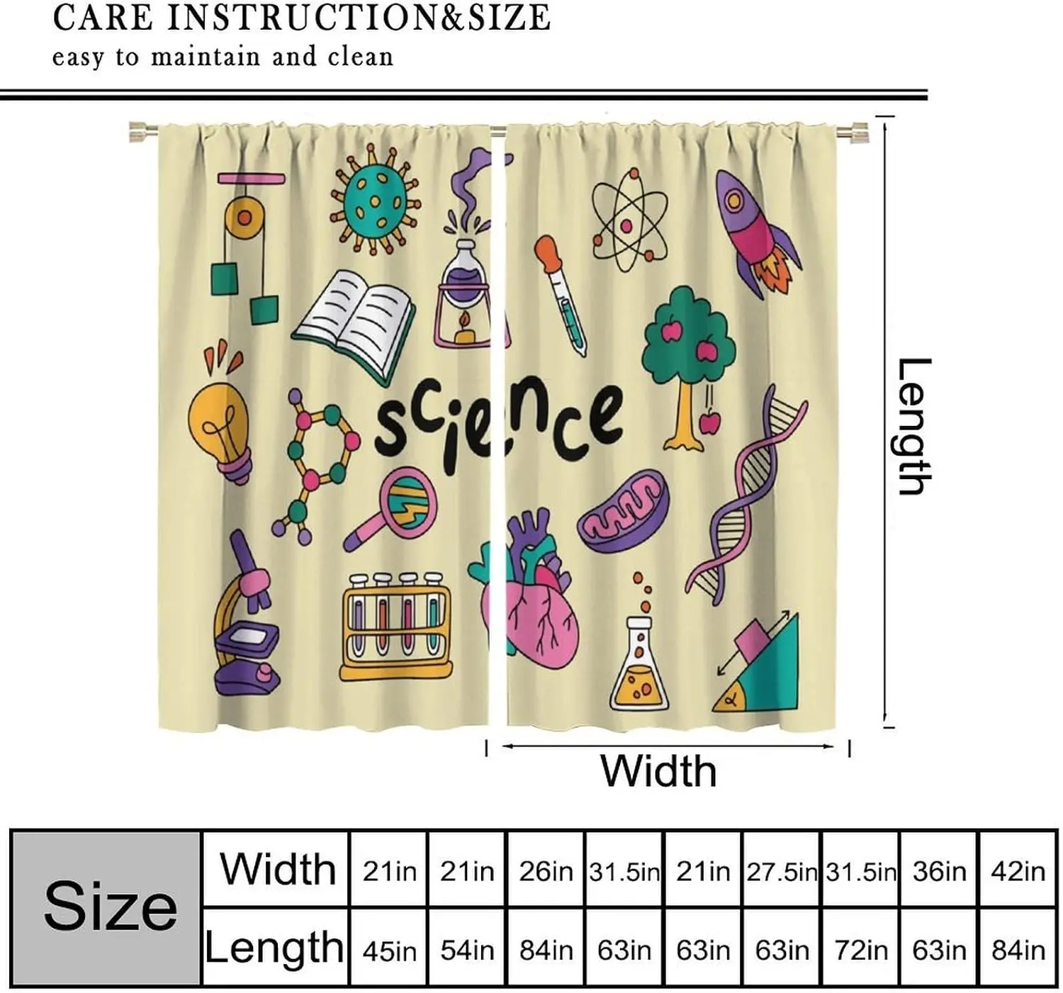 Science Theme Curtains 2pcs Educational Classroom Chemistry Biology DNA Illustration Panels Nursery Kids Lab Decor