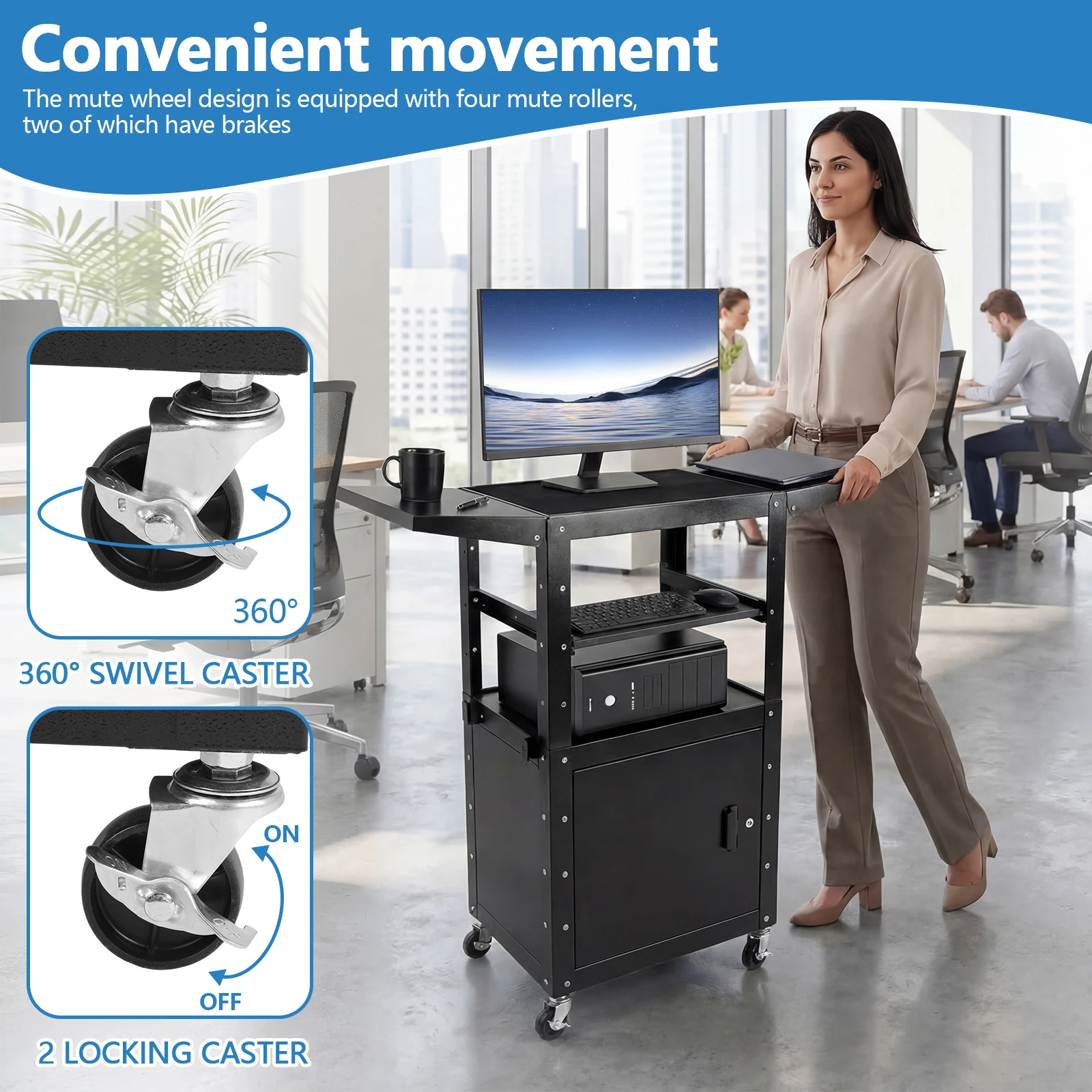 

Printer Craft Cart with Wheels with Locking Cabinet and Keyboard Tray Height Adjustable 28-43inch 110lbs for Home Or Office Use