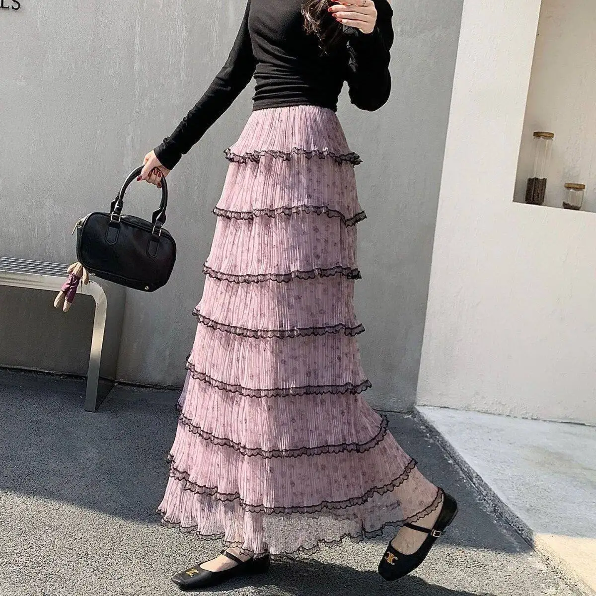 Spring 2026 New Style Purple Chiffon Skirt Women's High Waist Cake Skirt Draped Sensation Half Body Skirt Casual Polyester Fiber