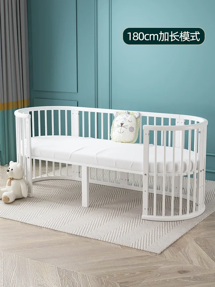 Square crib solid wood European splicing big bed movable newborn crib multifunctional small white round bed