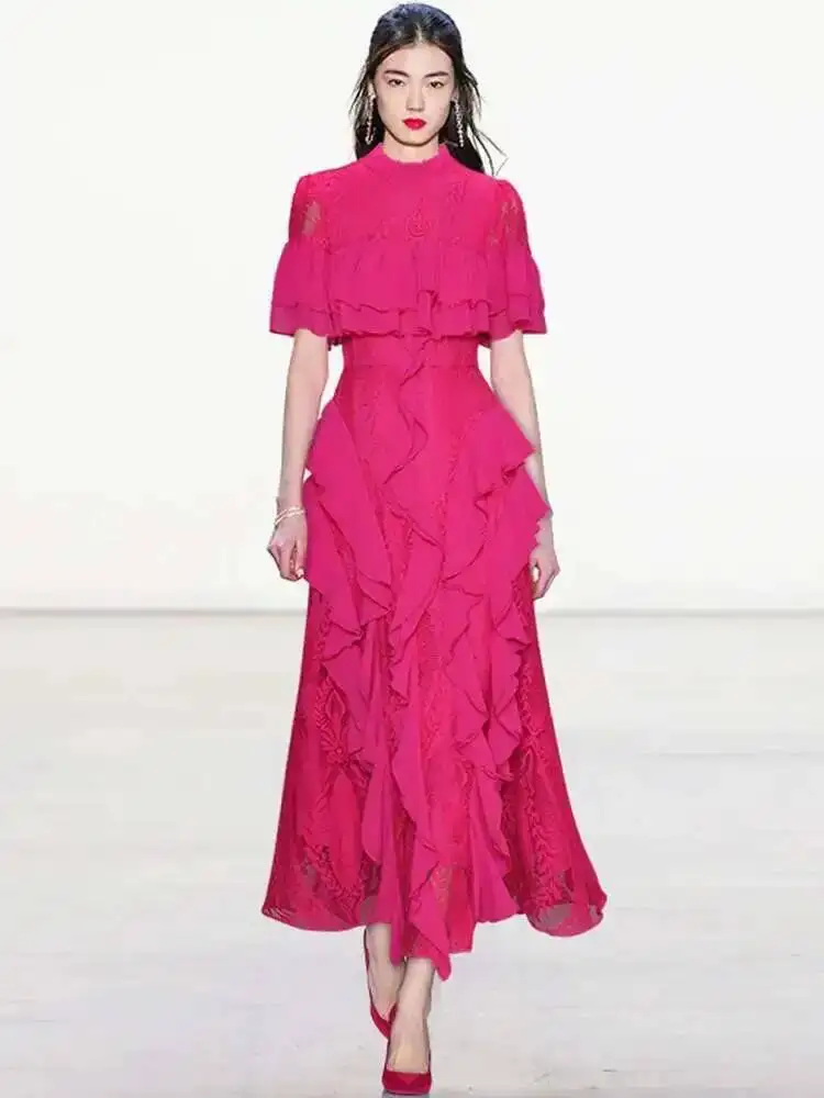 Fashioin Designes Hollow Out Ruffled Evening Dresses For Women O Neck Short Sleeve Party Maxi Dress 2026 New Summer FGFP