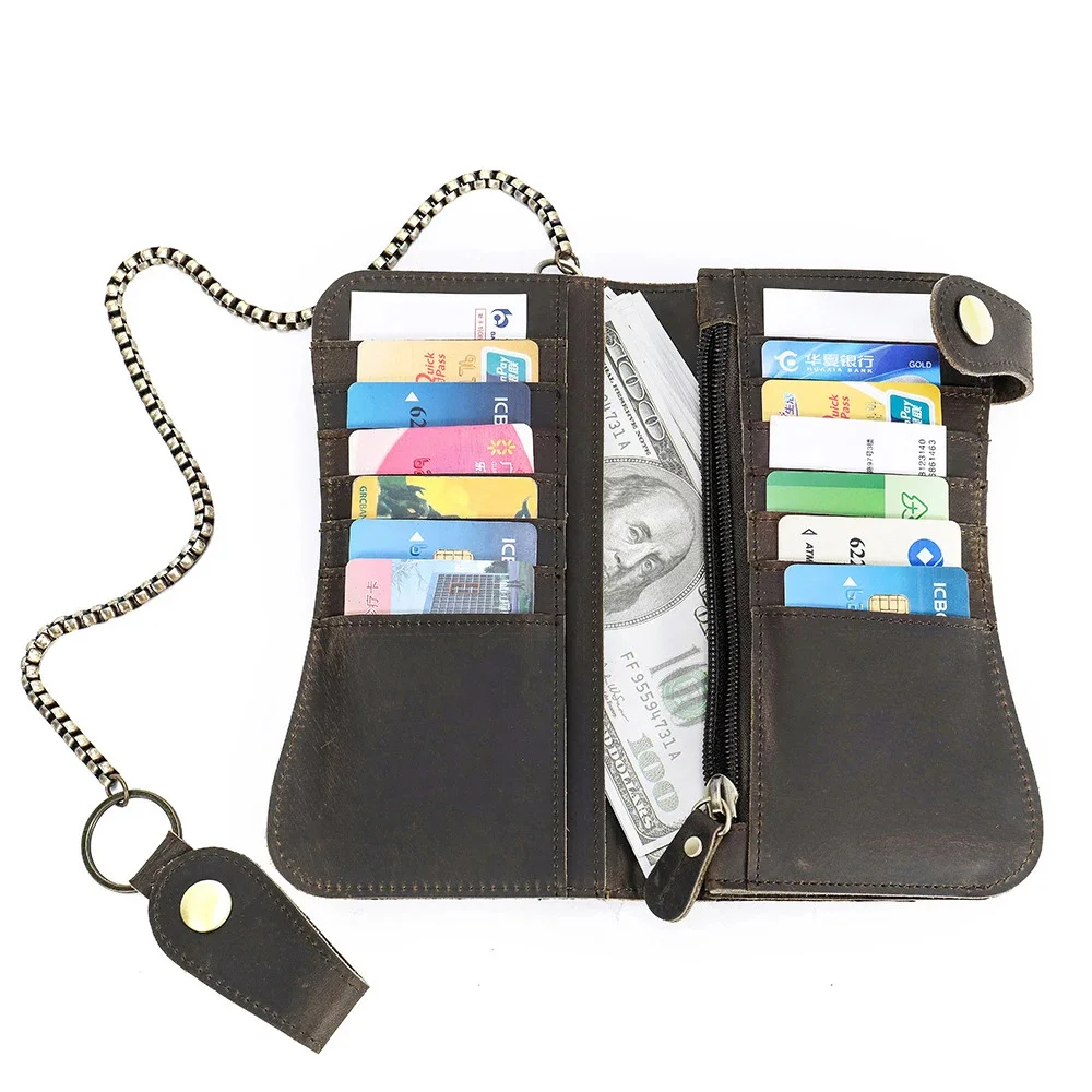 

Fashion genuine leather phone purse wallet long vintage style with iron chain clip zipper for man