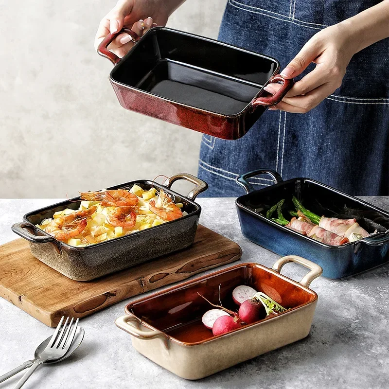 

Rectangular Ceramic Baking Tray for Microwave Oven, Special Use, Cheese Baked Rice Plate, Japanese Style, Binaural Baking Bowl