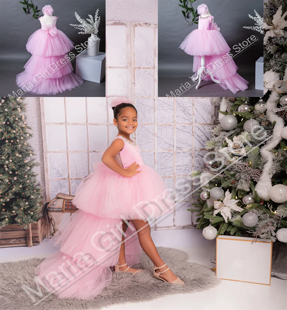 Pink Flower Girl Dress With Asymmetrical Length Bead Embellishments For Children's Formal Events Birthday Weddings