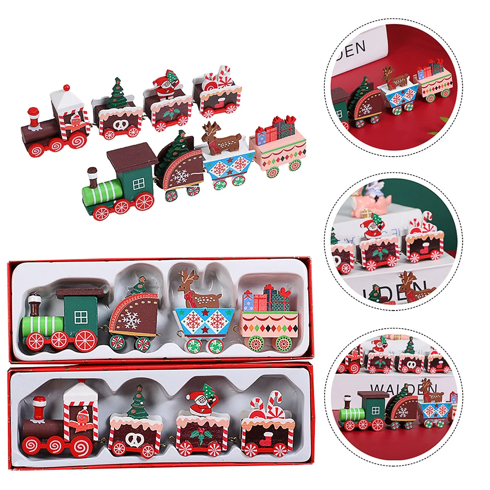 2 Pcs Wood Christmas Train Model Toy Desktop Decoration Wooden Train Ornaments Xmas Train Model Toy Christmas Atmosphere