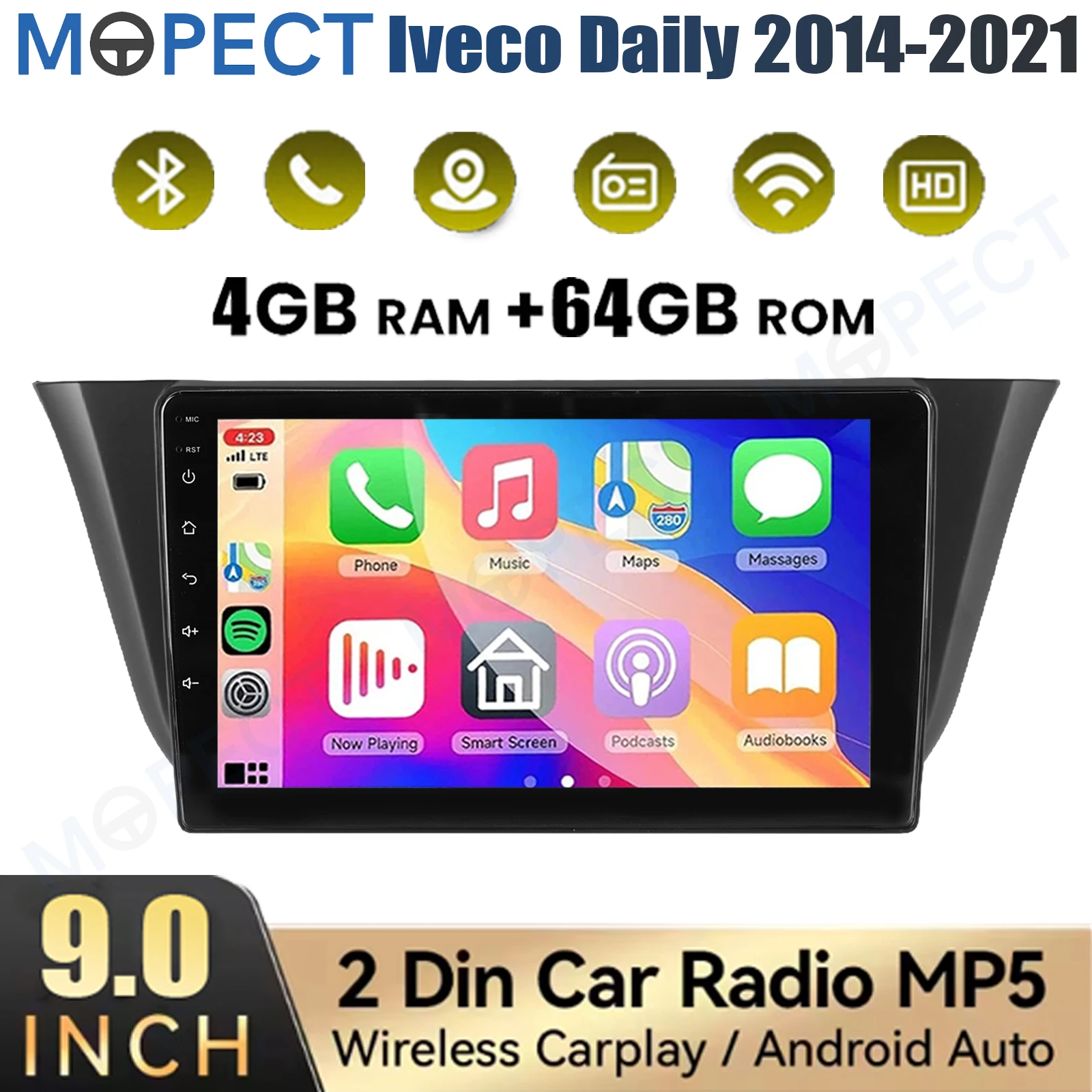 MOPECT 9" Android 15 4+64G voor Iveco Daily 2014-2021 WiFi CarPlay GPS Navigatie Head Unit Bluetooth AM/FM Touchscreen+DAB+DVR&Camera - afbeelding 1
