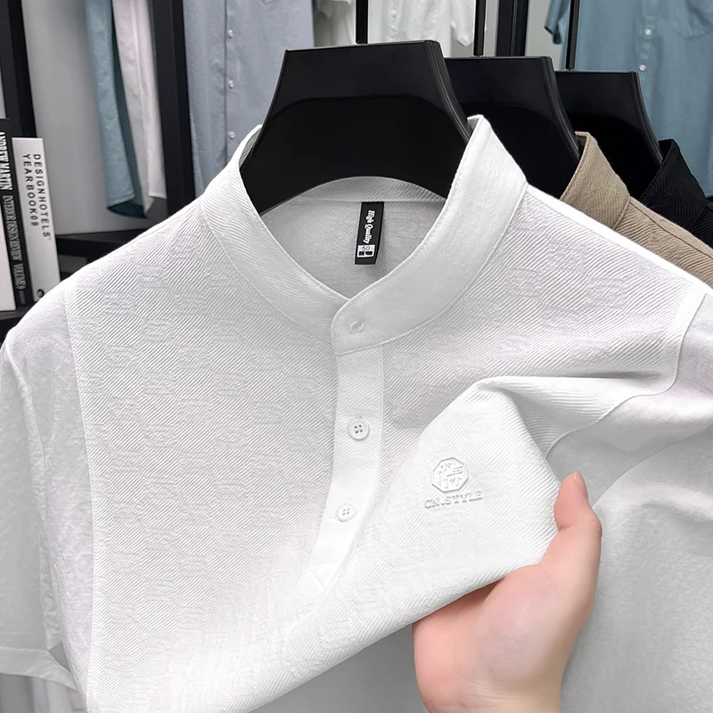 Luxury retro button stand collar short sleeve T-shirt men high-end brand embossed unique splicing solid color casual summer top
