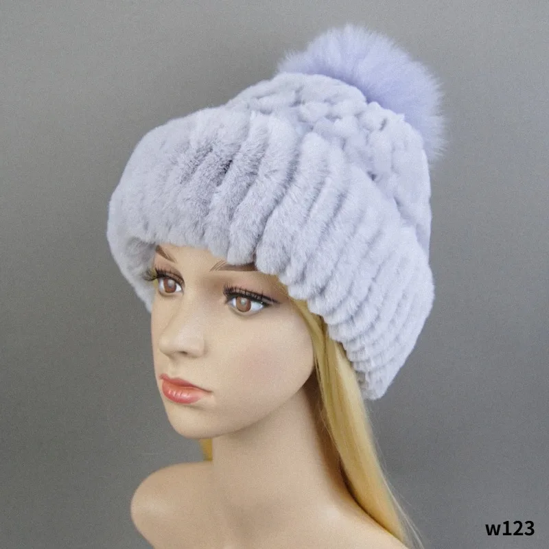 New Winter Warm Real Rex Rabbit Fur Hats Beanies 100% Natural Fur Caps Fashion Knitted Genuine Fur Hat With Silver Fox Fur Ball