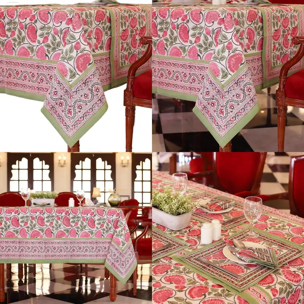 

Green & Pink Floral Hand-Block Printed Cotton 72x135 Tablecloth for 10, Suitable for Spring, Easter, and Outdoor Events