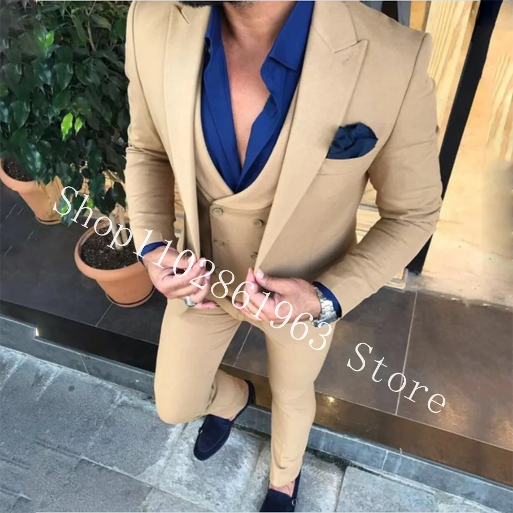 

New Fashion Men Suits Slim Fit Peak Lapel 3 Pieces Best Men Groom Wear Wedding Tuxedos Blazer+Vest+Pants Costume Homme Mariage