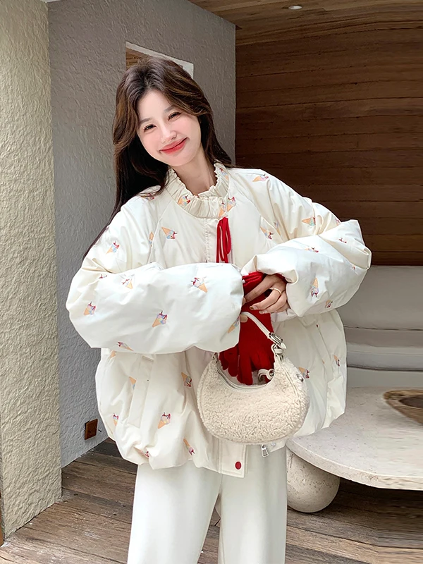 

Ladies' Sli Embroidered Loose Fitting Du down Jaet Winter Warm Faionable ort Coat Casual Sle 2025 New Design