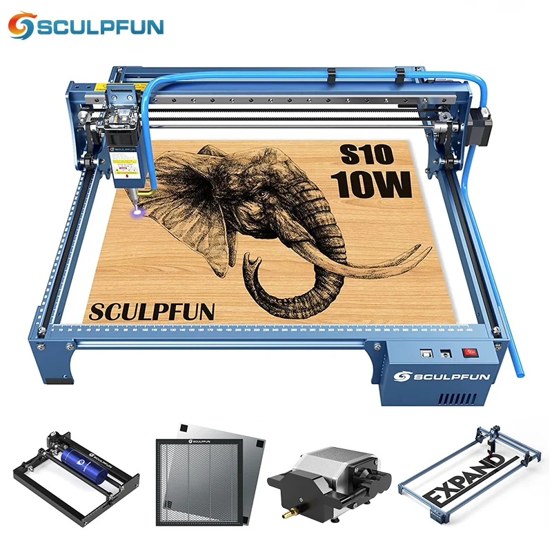 SCULPFUN S10 Laser Engraving Machine With Air Assist Pump High-speed Laser Cutting Industrial-grade Carving Precision 410x400mm