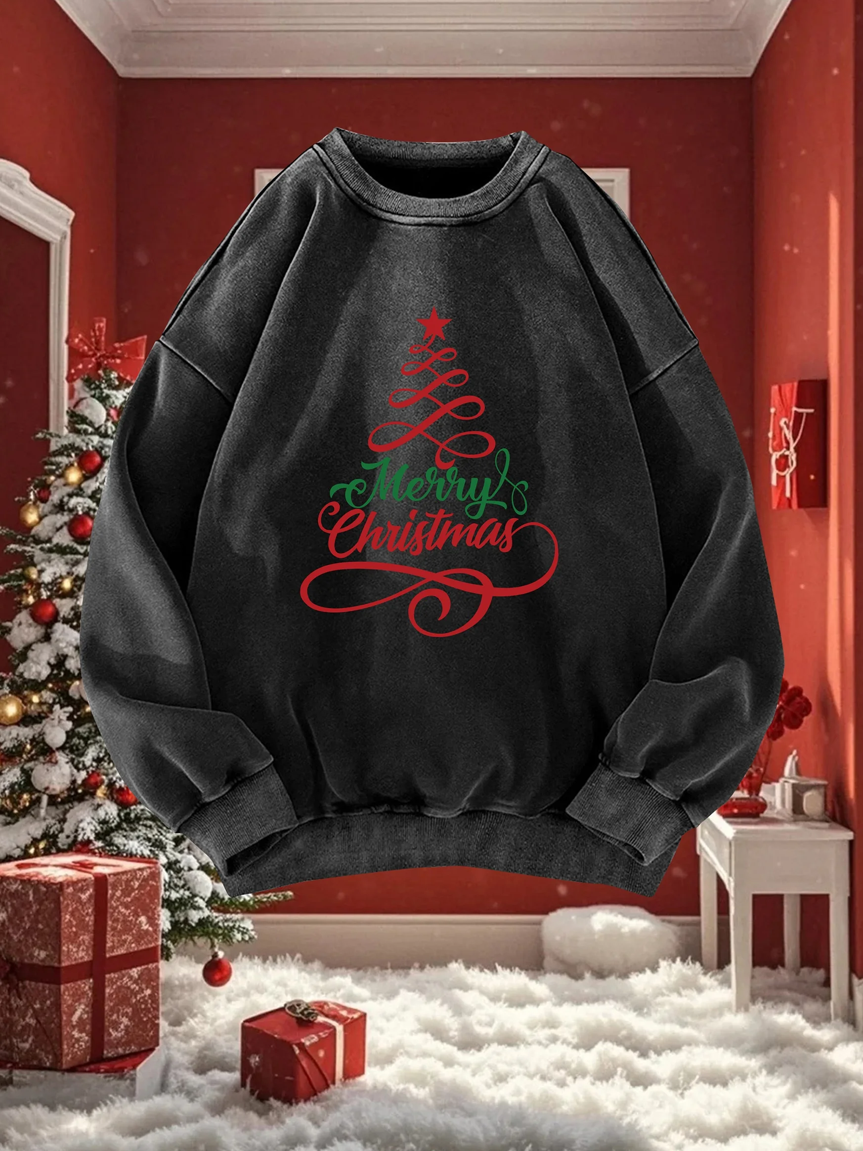 Sudadera navideña vintage para mujer, jersey de vacaciones retro Y2K de gran tamaño con texto de Feliz Navidad, color gris oscuro/rojo