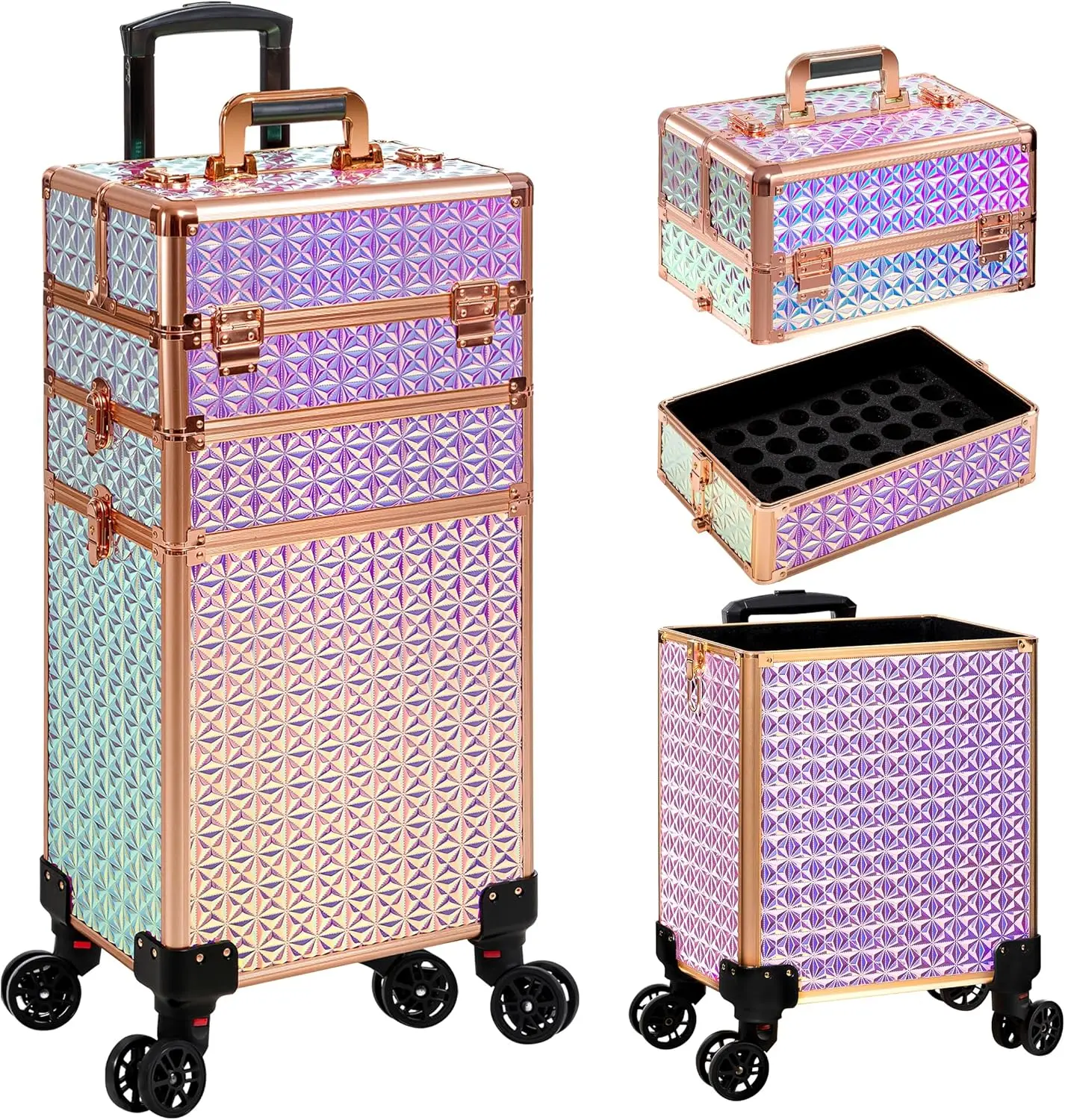 

3 in 1 Rolling Makeup Train Case Professional Large Cosmetic Trolley on Wheels with Detachable Compartments for Hairstylist