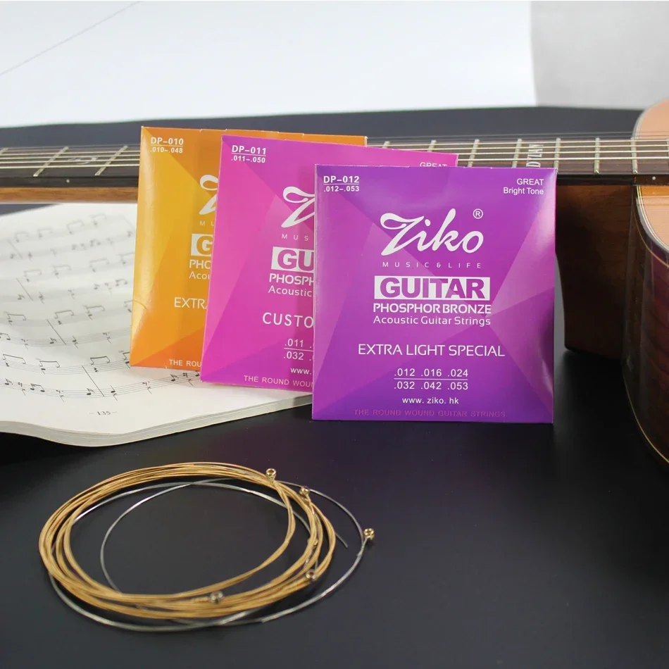 ZIKO DP Series 1 Set of Acoustic Guitar Strings 1st-6th 010-048,011- 050,012-053 Inch Hexagon Alloy Core Phosphor Bronze Wound