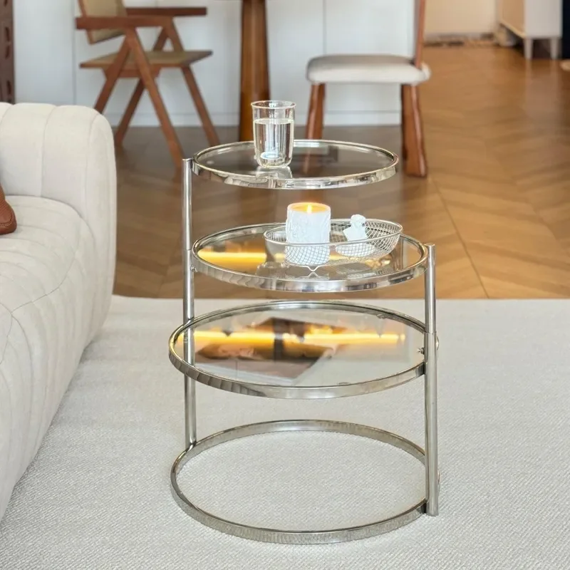 Modern Round Coffee Table Tempered Glass Top Rotating Stainless Steel Base Small Living Room Furniture Nordic Style Home