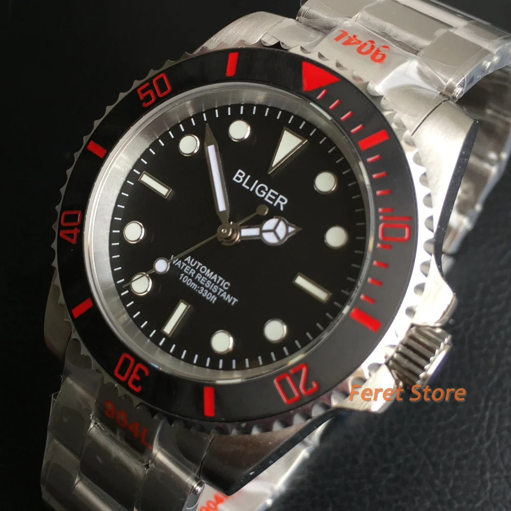 

BLIGER NH35A PT5000 40mm Automatic Mens Watch Sapphire Glass Oyster Bracelet Ceramic bezel Luminous Black Dial Waterproof Watch