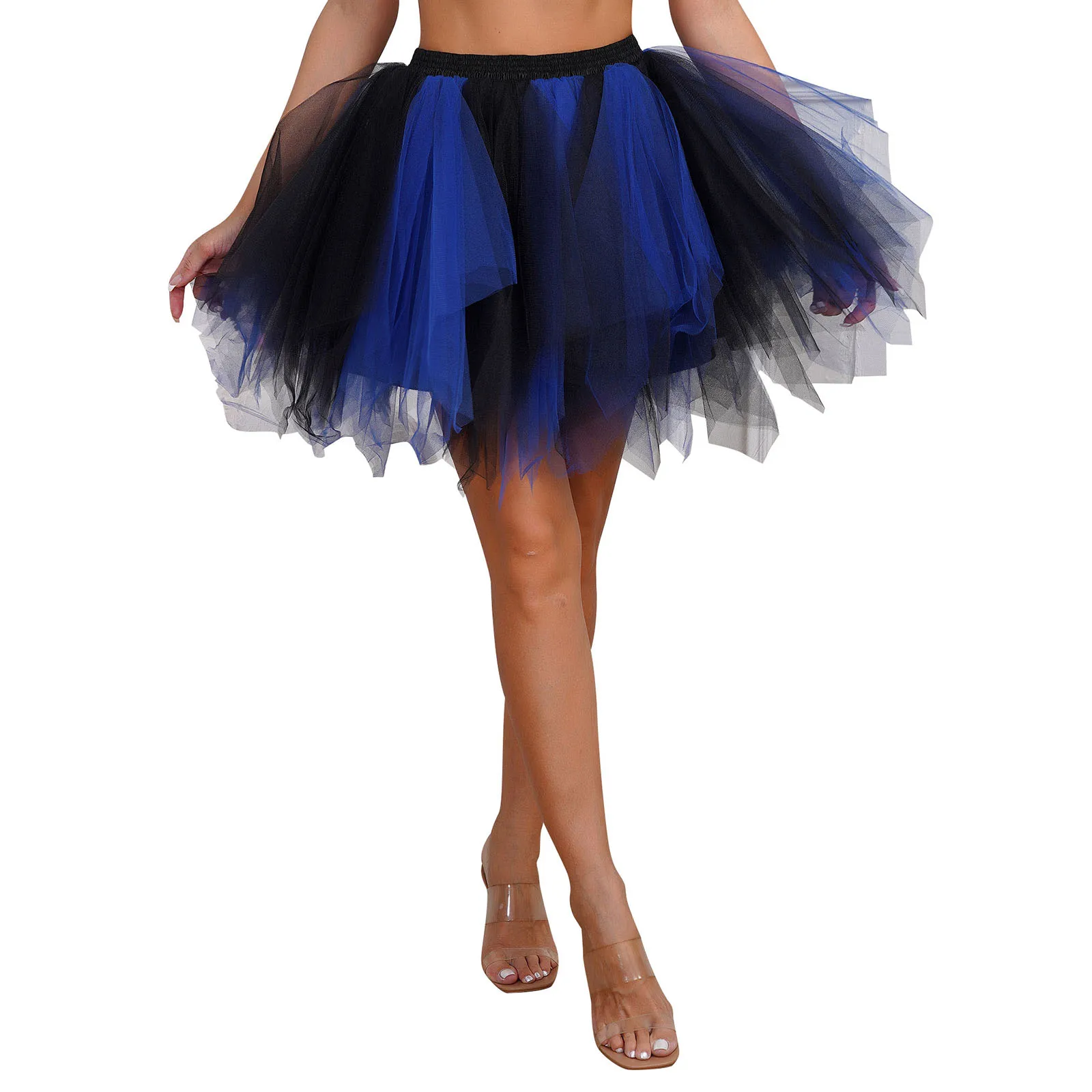 Halloween Womens Multi-Layer Tutu Skirt Asymmetrical Mixed-Color Tulle Petticoat Fluffy Underskirt Witch Cosplay Party Costumes