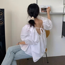 Pure Cotton White Shirts Women Korean Hollow Out Bandage Blouses Summer Streetwear Fashion Pink Puff Short Sleeve Loose Tops New