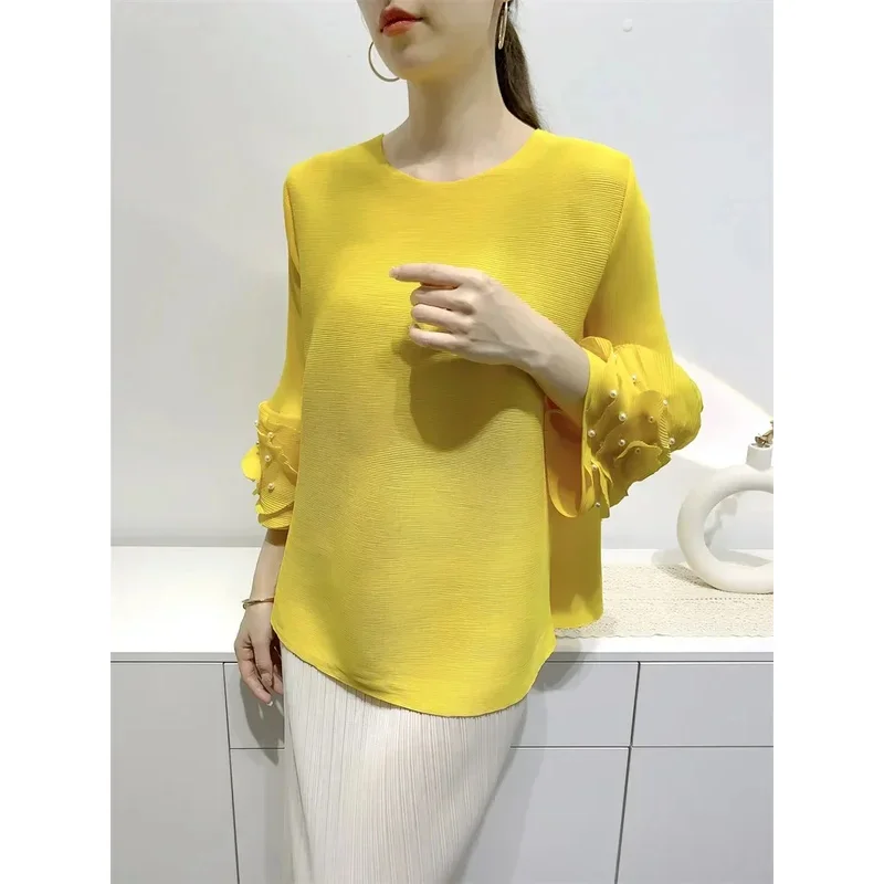 Miyake T-shirt Tops Women Sleeves Carven Design Beaded Loose Pleated Clothes Toothpick Pleated Comfort Casual Top 2024 New