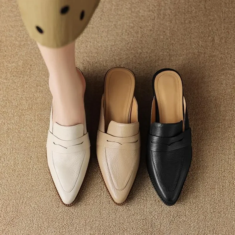 Women\'s Slippers and Ladies Sandals Mules Pointed Toe Slides Cheap Liquidation Natural Skin On Promotion New Fashion Shoes Vip