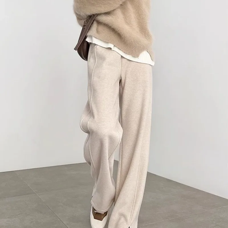 High Waist Wool Wide Leg Trousers for Women Loose Fleece-lined Straight Pants Soft Warm Autumn and Winter Fashion Women Pants