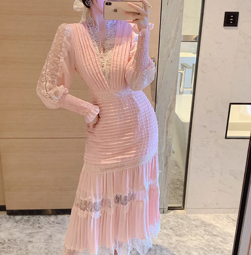 JSXDHK 2024 New Runway Designer Women Black Long Dress Elegant Spring Chiffon Patchwork Lace V Neck Lantern Sleeve Pleated Dress