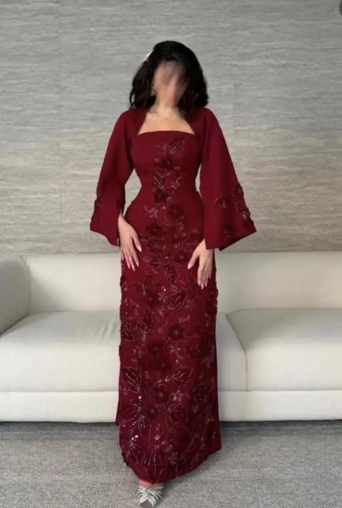 

Jirocum Luxury Burgundy Floral Sequin Evening Dresses Set Square Neck Bell Sleeve for Gala & Prom Party