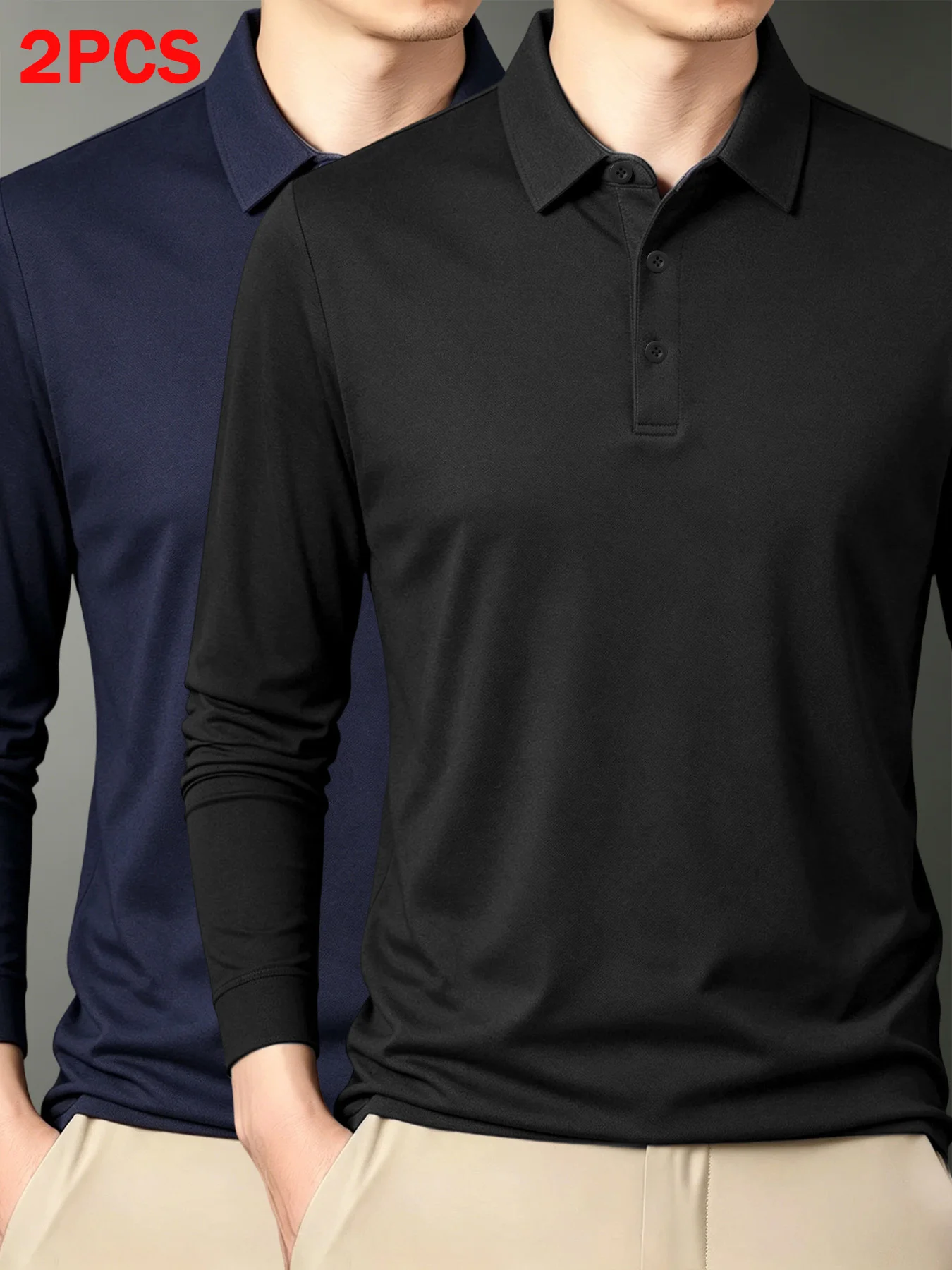 2Pack Men Long Sleeve Polo Shirt 100% Polyester Knit Tops Breathable Quick Dry Lapel Collar Button Placket Casual Business Daily