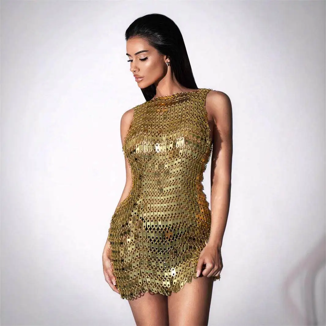 

Sexy Slim Acrylic Dress Sparkling Sequins Gothic Style Women's Fashion Cross-Border Clothing round Neckline Sleeveless Dress