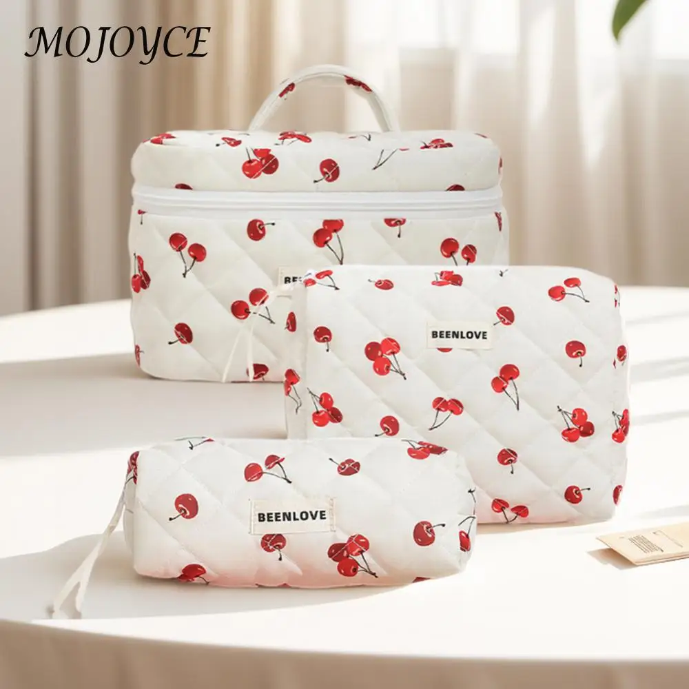 Women Quilted Makeup Bag Cosmetic Organizer Bag Large Capacity Cosmetic Clutch Bag Cherry/Heart Pattern Cute Toiletry Bag