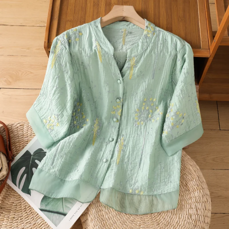 Camisa informal de verano para mujer, blusas informales holgadas Vintage con bordado de flores, camisetas básicas de estilo chino, camisa blanca