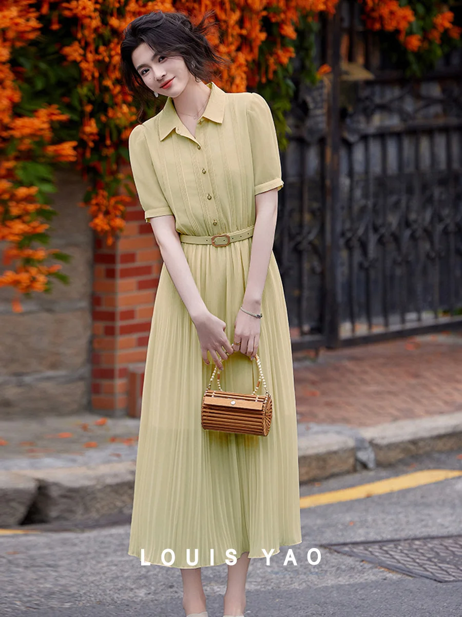 

LOUIS YAO Short-Sleeve Shirt Dress 2025 Straight Shoulder Pleated Dress Women's Long Dress with a Detachable Waist Belt