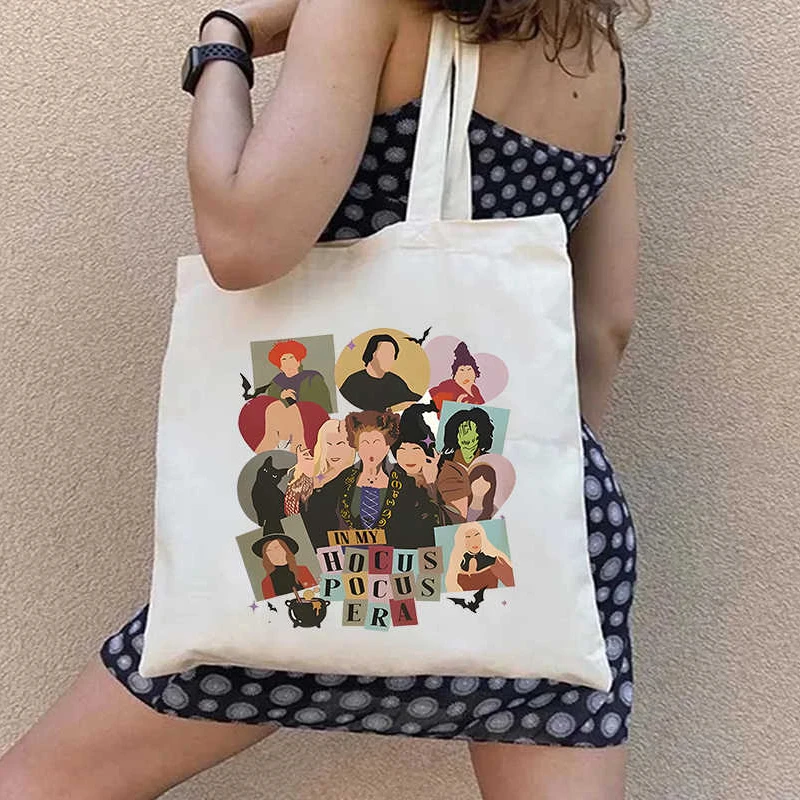 

Vintage in My Hocus Pocus Era Trendy Style Cartoon Print Fun Pattern Halloween Canvas Women Tote Bag Ladies Shoulder Handbag