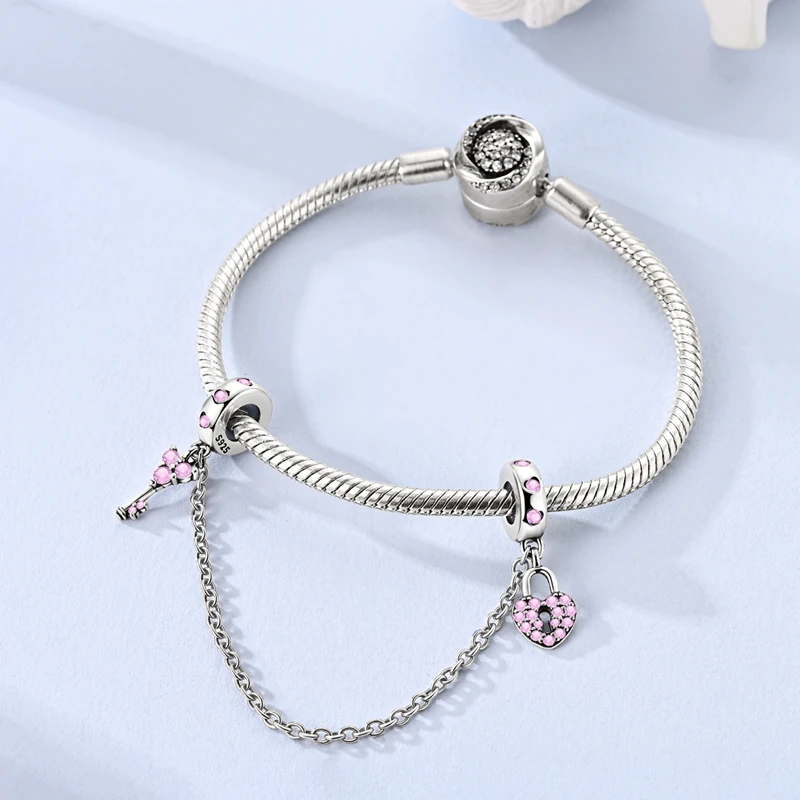 

New 925 Sterling Silver Pink Gemstone Heart Lock Safety Chain For Women Fit Original Bangle Bracelet Jewelry Gift