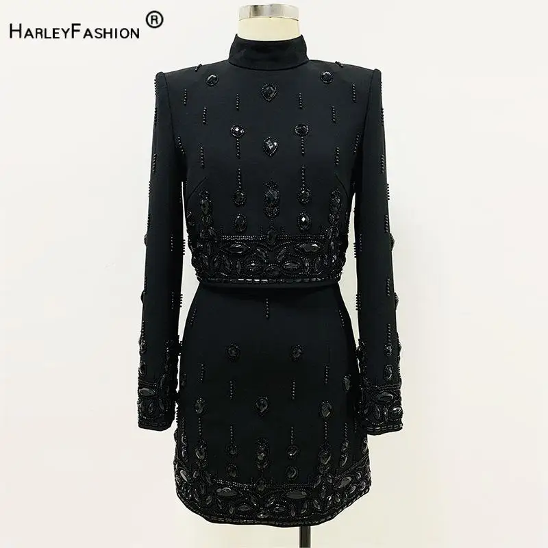 

2024 European Style Lady Office Work Suit Fine Workmanship Beading Rhinestone Turtleneck Tops Pencil Mini Skirt Women 2Pcs